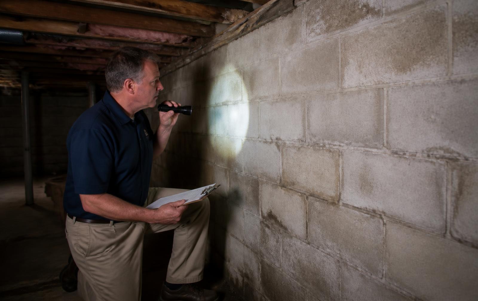 Contractor using a flashlight to inspect a basement foundation wall for water damage