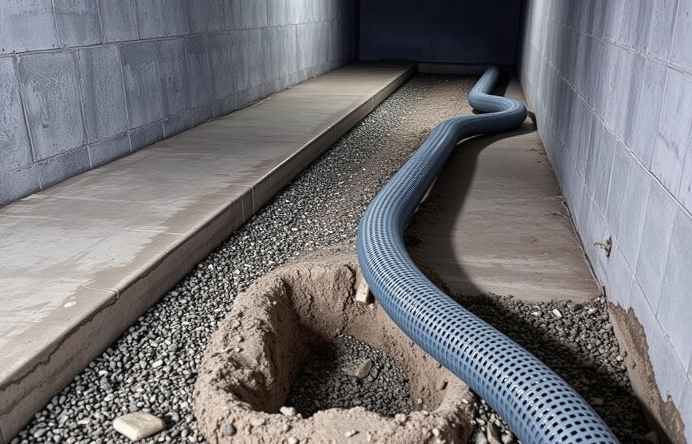 Perimeter trench with drainage pipe and gravel during interior basement waterproofing